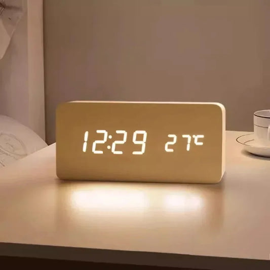 Digital LED Wooden Alarm Clock - Voice Control, Snooze, USB/AAA Powered Desk Clock