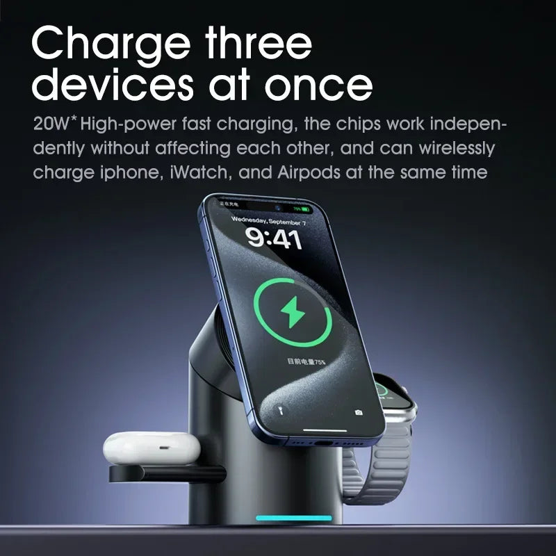 Qi2 3-in-1 Magnetic Wireless Charger - Fast Charging Dock for iPhone, Android, iWatch, AirPods