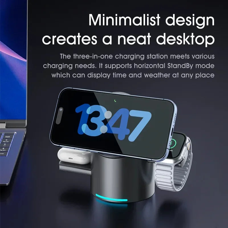 Qi2 3-in-1 Magnetic Wireless Charger - Fast Charging Dock for iPhone, Android, iWatch, AirPods